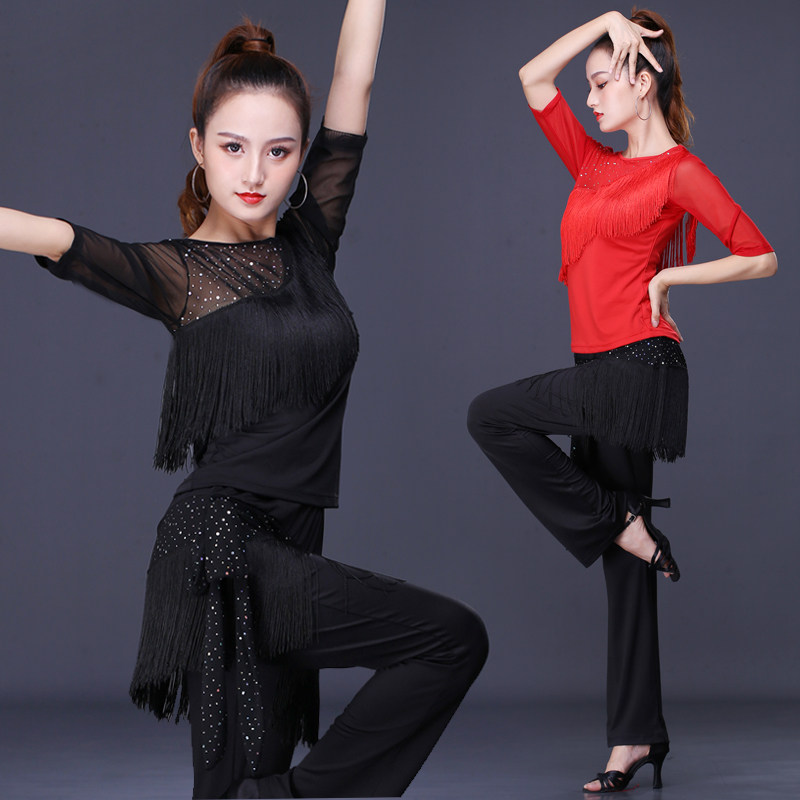 春秋广场舞服装新款套装中袖上衣跳舞裙裤拉丁舞演出服女网纱亮片