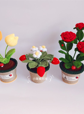 手工针织玫瑰花盆栽桌面摆件