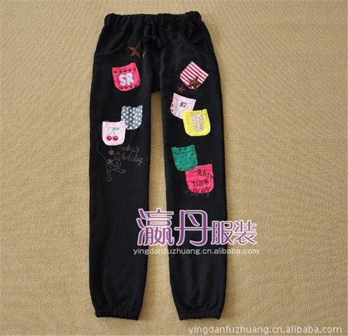 rough贴布绣口袋纯棉瘦长休闲裤