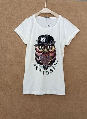 圆领白色rough猫头鹰短袖t恤女装2024新款宽松半袖体恤上衣夏季潮