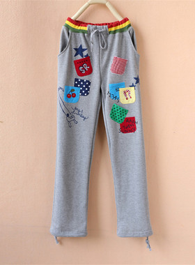 rough直筒日系秋春彩虹口袋贴布绣花卫裤 纯棉休闲裤长裤子女士裤