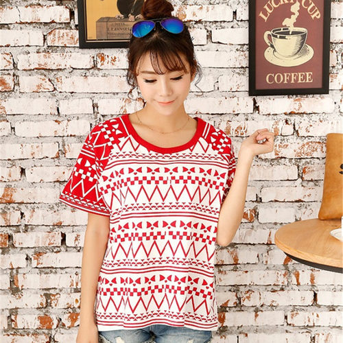 rough印花符号鱼T恤2024夏季新款红色宽松圆领简约短袖套头上衣女