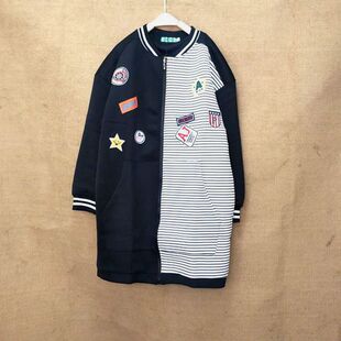 rough中长款外套女士绣花卫衣长袖开衫拉链衫宽松棒球服休闲 上衣