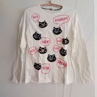 韩国rough小众绣花猫咪印花长袖T恤女白色圆领休闲风2026纯棉上衣