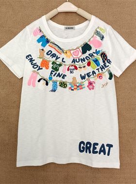 2024 夏季学生韩版宽松纯棉白色t恤女短袖竹节棉绣花衣绳体恤上衣