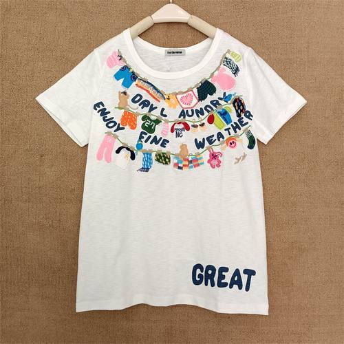 夏季学生韩版竹节棉绣花白色t恤