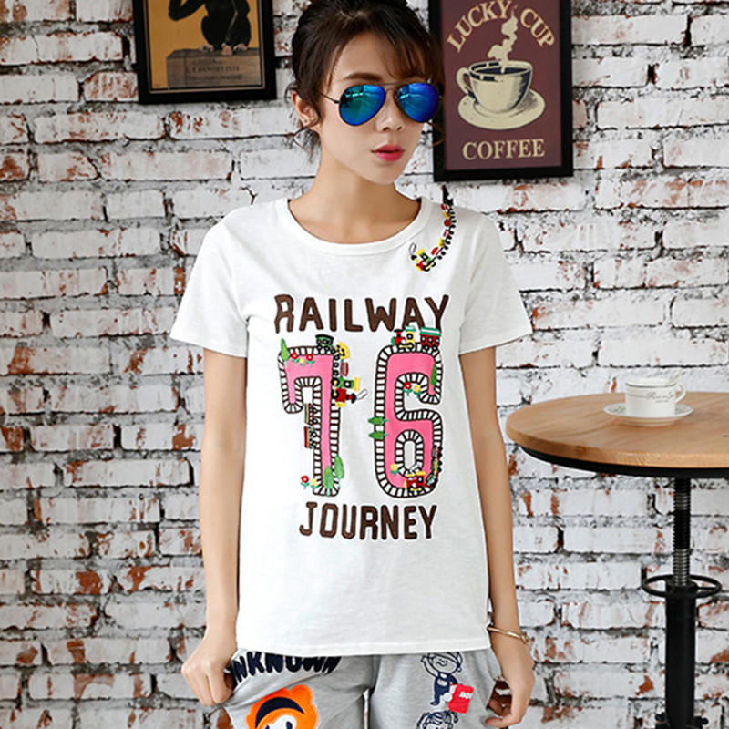 rough2024夏装短袖t恤贴布刺绣竹节棉女式休闲T恤女76火车道半袖