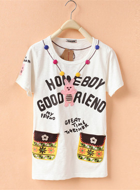 rough短袖T恤女2024夏季新款印花刺绣白色打底衫着感少女t恤港味