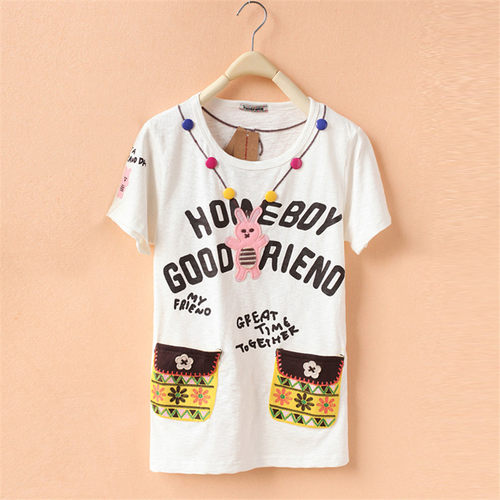 rough短袖T恤女2024夏季新款印花刺绣白色打底衫着感少女t恤港味