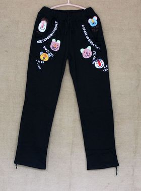 运动裤女春秋新款宽松纯棉黑色长裤系带直筒裤rough绣花卫女裤子