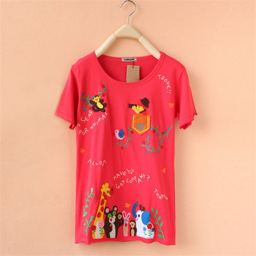 刺绣短袖甜美常规T恤纯棉女装爱