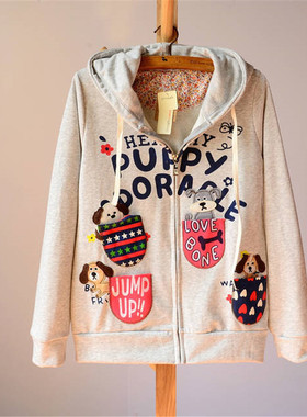 外贸原单韩版女装宽松休闲刺绣贴布开衫运动外套rough可爱潮卫衣