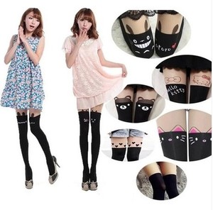 春秋日系可爱卡通袜过膝袜假高筒连裤袜假大腿长筒假纹身拼接丝