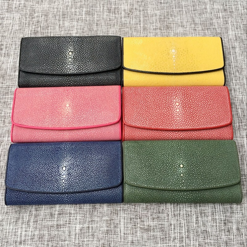 正品全磨真珍珠鱼皮钱包 男女通用长款三折魔鬼鱼皮钱夹票夹