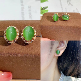 保真天然和田玉碧玉猫眼耳钉精美金镶玉女款高档礼物玉石珠宝首饰