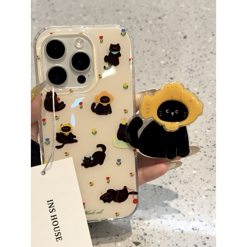 ins可爱鲷鱼烧黑色小猫适用苹果16promax手机壳15iphone14保护套13双层imd高级感日韩ins风支架小众防摔新款