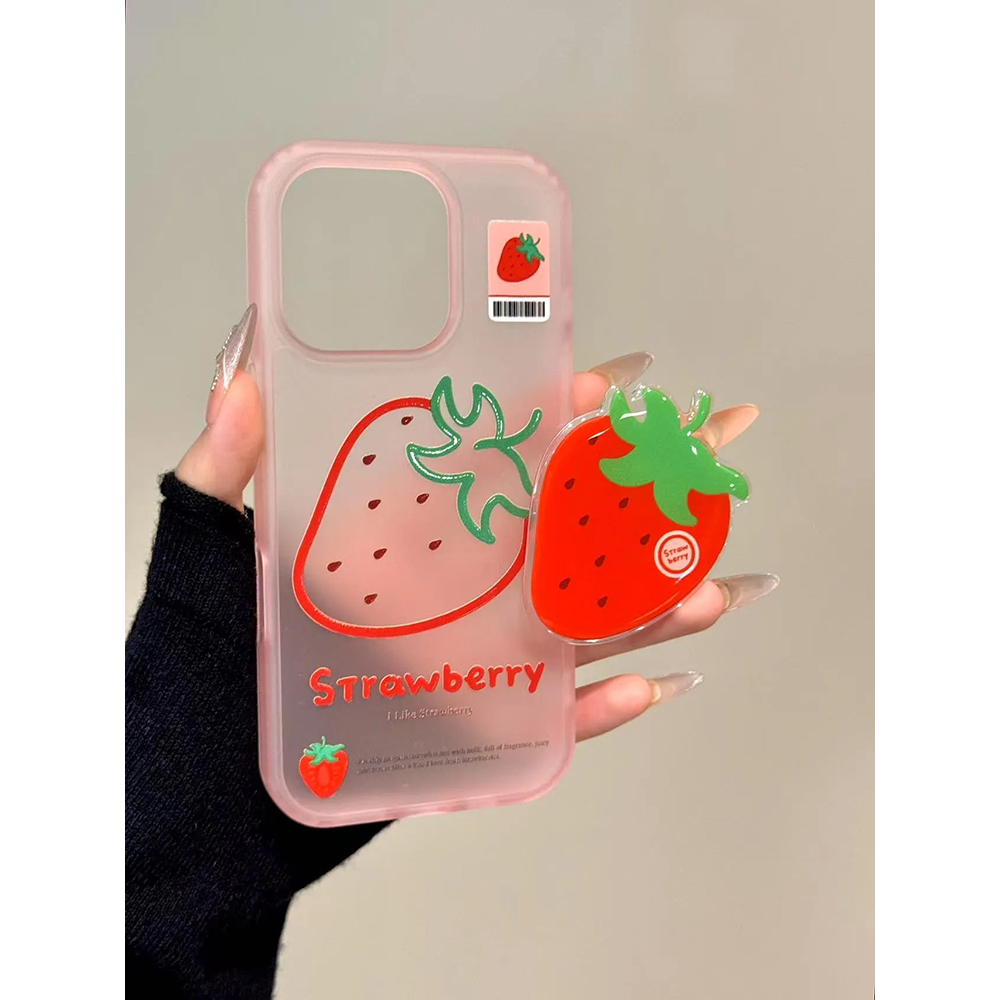 可爱趣味雾面线条草莓支架适用苹果16promax手机壳15iphone14保护套13高级感磨砂透粉小众日韩ins风防摔新款