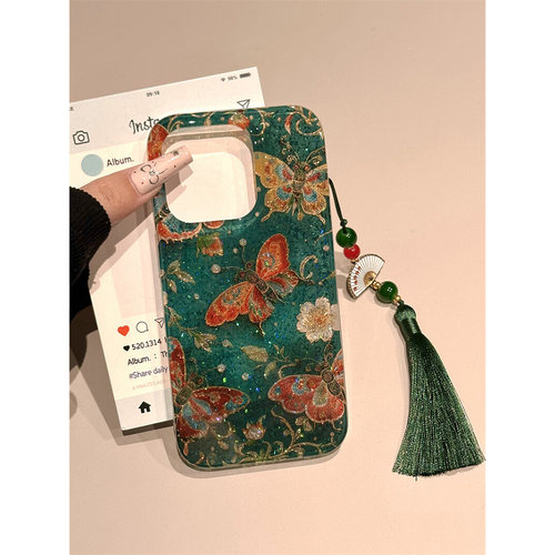 可爱透绿闪粉碎花彩蝴蝶适用苹果16promax手机壳15iphone14保护套13双层imd高级感中国风流苏挂件小众创意