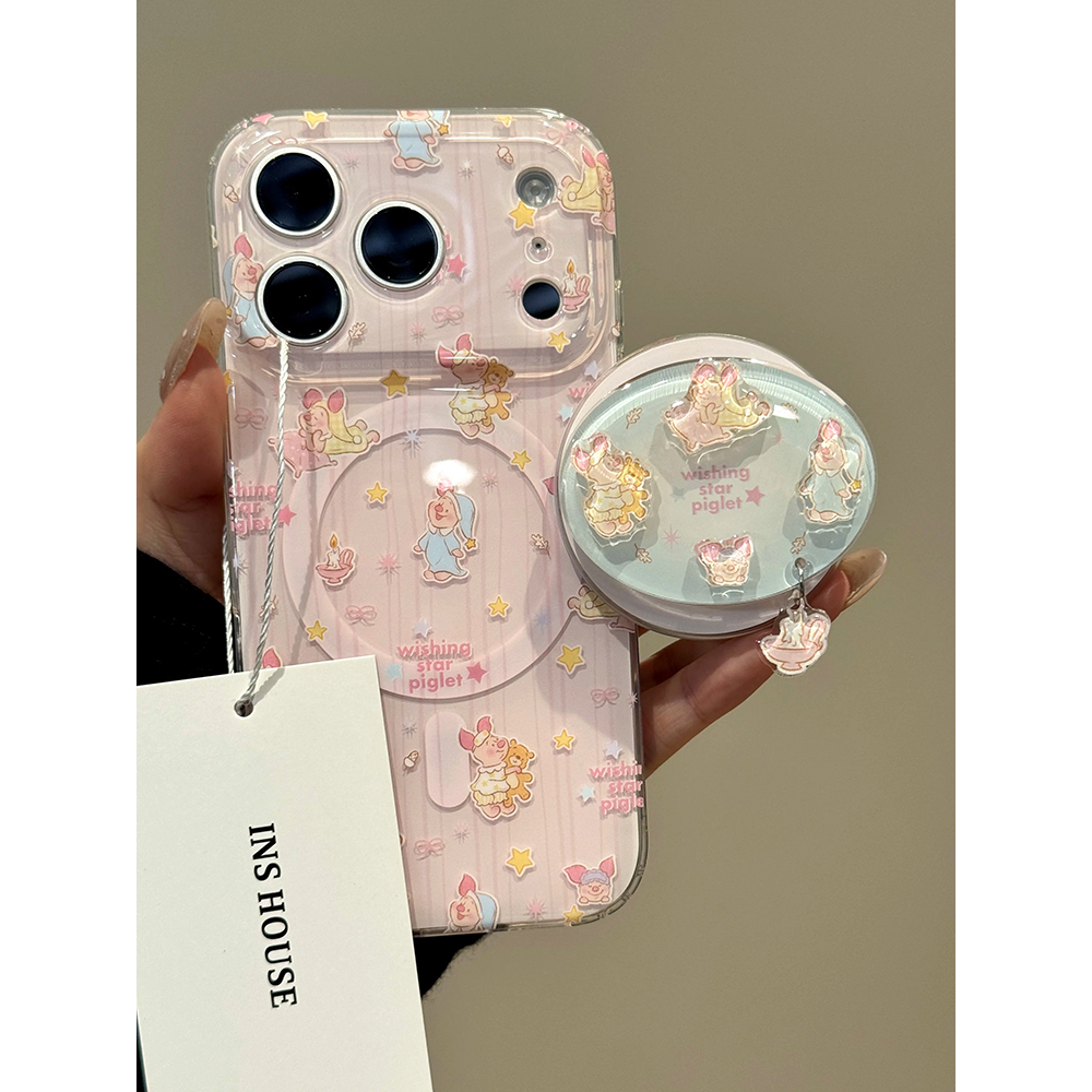 萌系可爱粉条纹睡衣小猪磁吸支架适用苹果17promax手机壳15iphone16pro保护套13/14双层IMD高级感日韩ins防摔