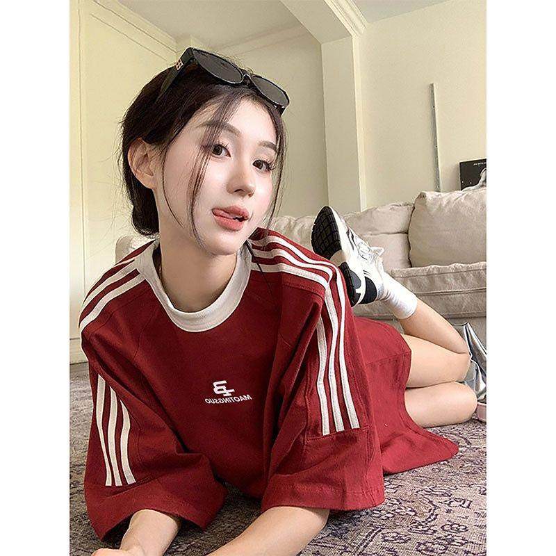 100%纯棉美式复古夏季oversize圆领短袖T恤女运动三条杠半袖上衣