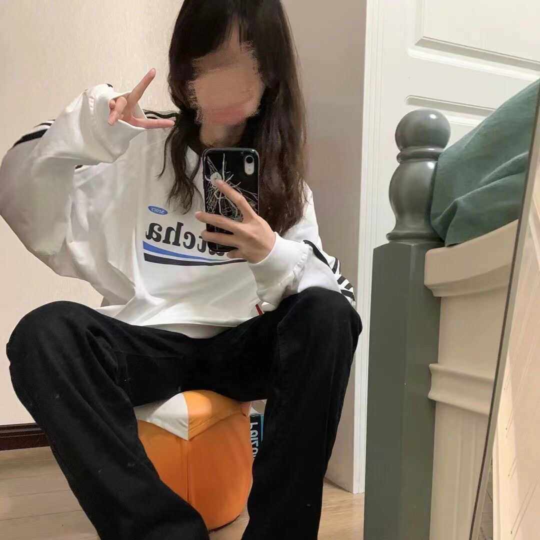 纯棉三条杠长袖女薄款美式复古小众设计感圆领宽松t恤情侣潮