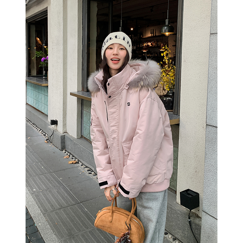 粉色工装羽绒服女款2024新款短款白鸭绒小个子加厚派克服冬季外套