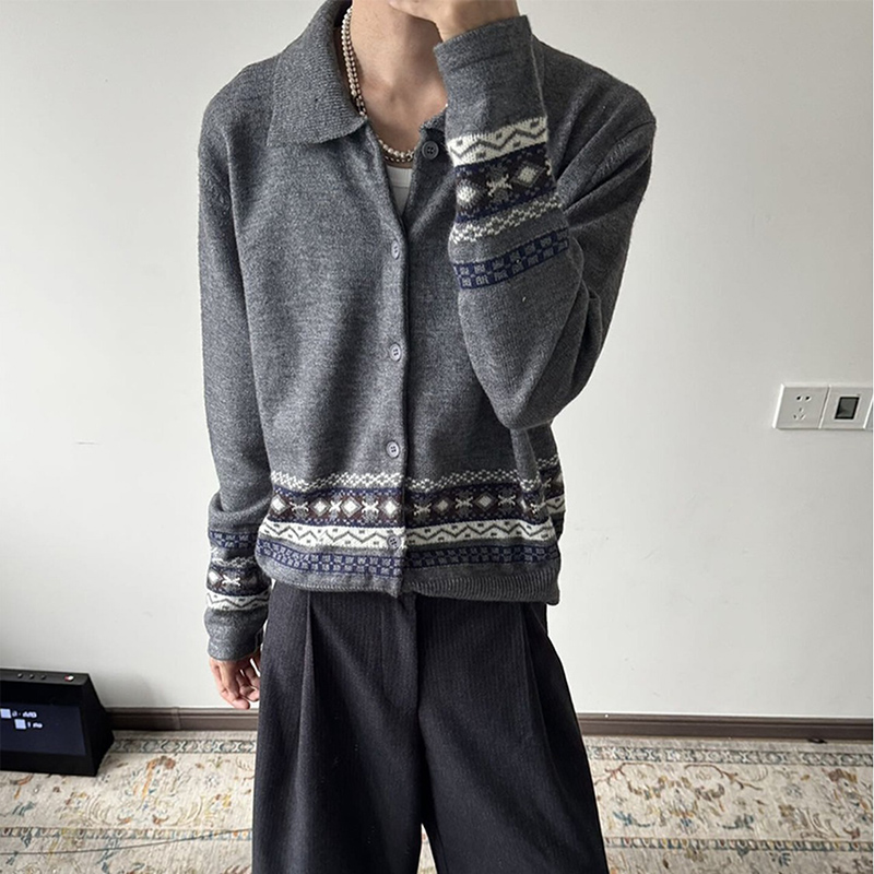 网图老钱风提花翻领针织开衫男冬季费尔岛休闲慵懒毛衣MY41-P55，男装针织衫/毛衣，电商A318