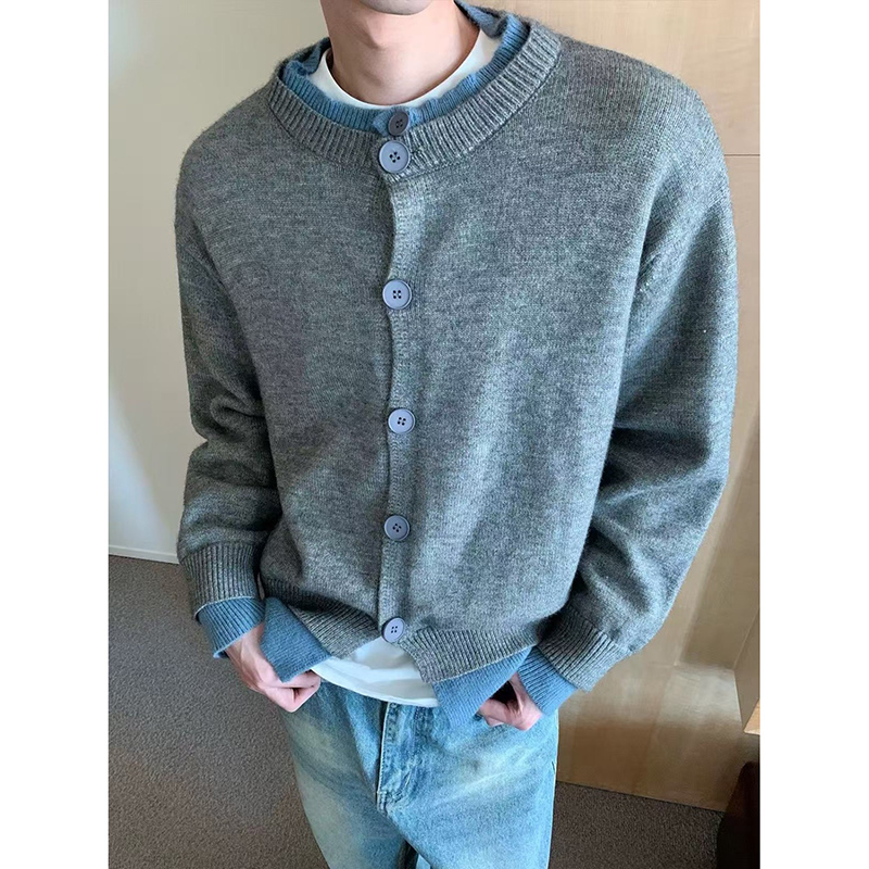 网图慎用韩式慵懒风双层领假两件休闲针织开衫毛衣MY42-P58，男装针织衫/毛衣，电商A318