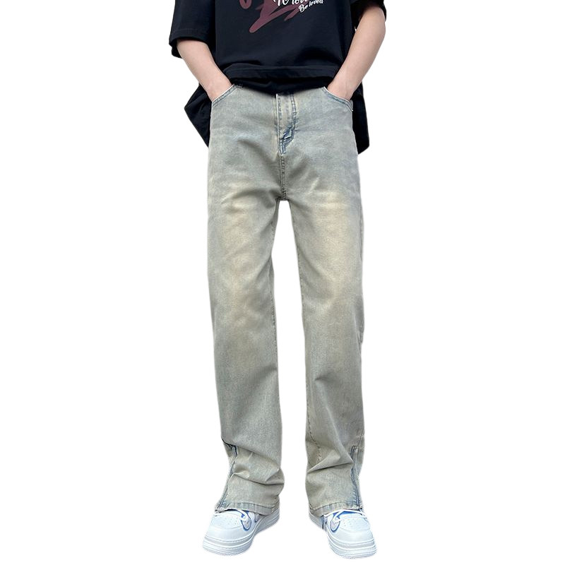 美式高街vibe做旧黄泥染拉链开叉牛仔裤男直筒微喇长裤子7155-P50,男装牛仔裤,电商A318