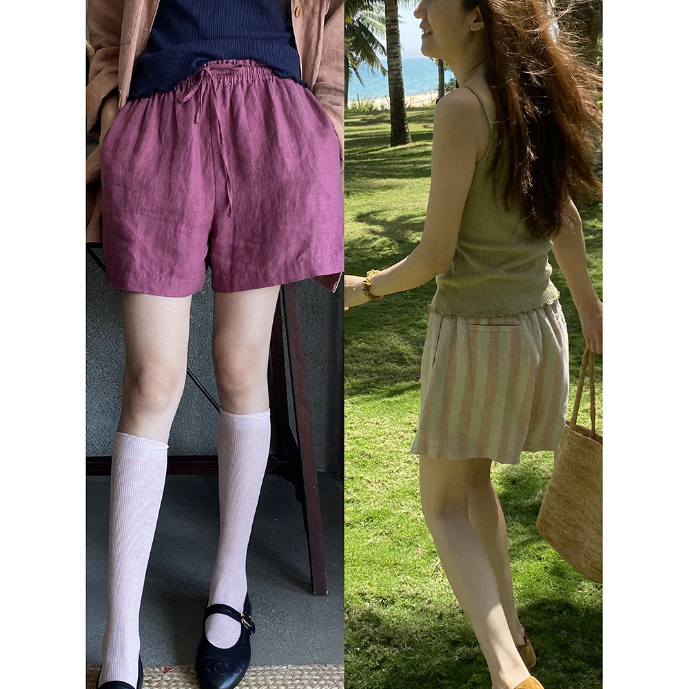 夏季清爽小短裤纯亚麻木耳边