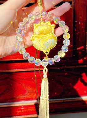 【抱富才才猫车挂款】马年抱富 宋锦才才猫珍珠流苏包挂件 2887