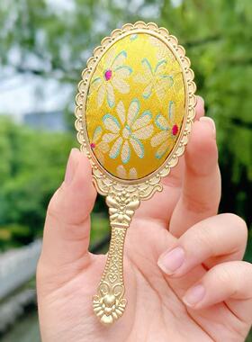 【镜照生才】金黄宋锦花朵镜子精致小巧随身摆件 新中式摆件 7886