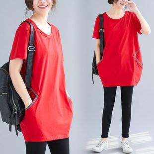 大码 胖mm纯棉短袖 胖子中长款 宽松韩版 显瘦200斤遮肉上衣 T恤女夏季