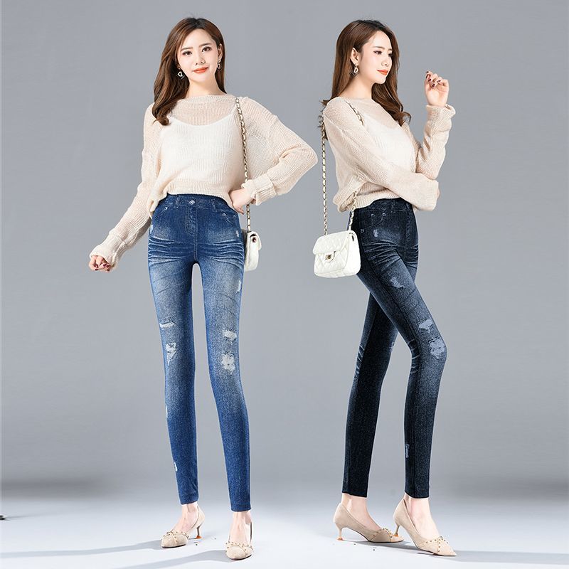 胖mm仿牛仔裤女士秋冬外穿打底裤