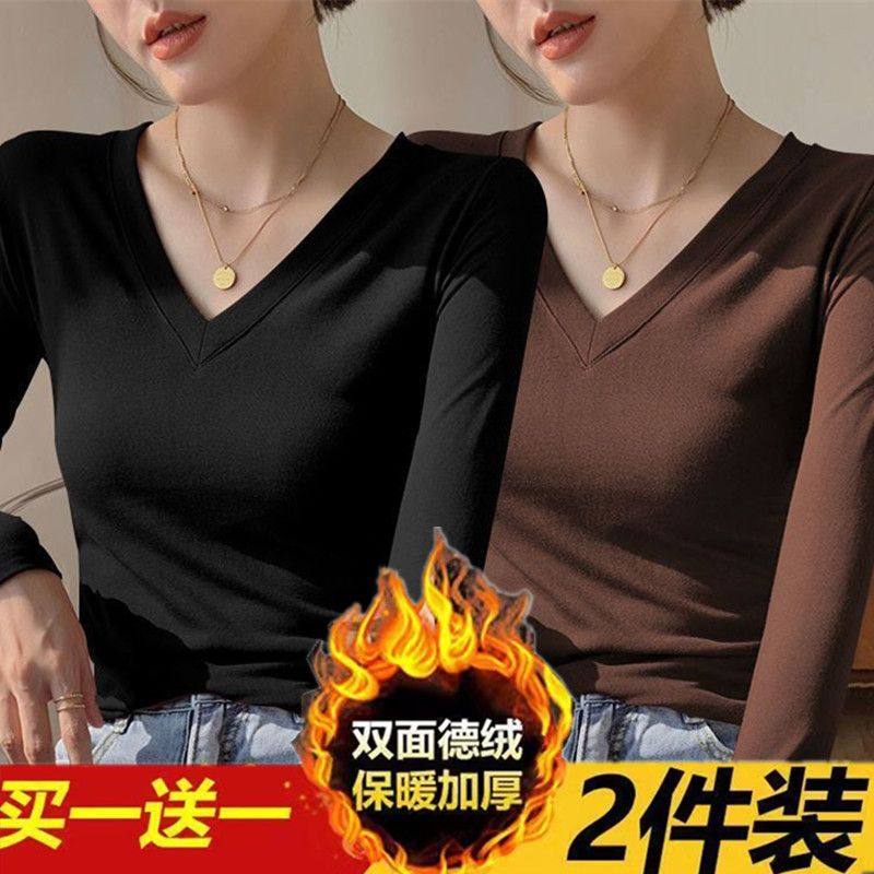 大码女装v领德绒加厚打底衫上衣女秋冬款胖mm300斤长袖保暖T恤潮