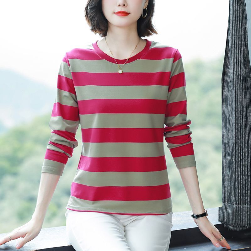 加肥纯棉宽松条纹长袖t恤女
