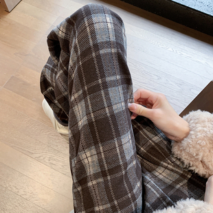 瘦小个子140七分毛呢格子阔腿裤女秋冬加厚显高八分萝卜休闲裤xxs
