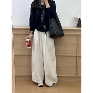 子 白色弯刀休闲拖地裤 日系百搭松弛感阔腿九分裤 女小个子春夏新款