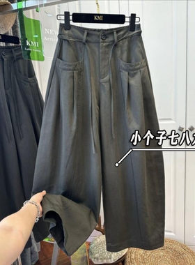 150小个子工装风抽绳系带弯刀阔腿裤女早秋季宽松显瘦休闲九分裤s