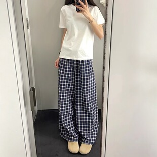 直筒阔腿裤 高腰垂感拖地裤 子 女夏季 矮小个子145xxs蓝色格子休闲裤