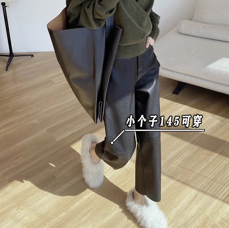 小个子黑色皮裤直筒阔腿休闲裤