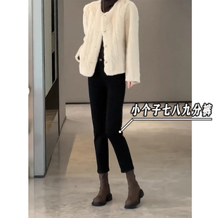 韩式黑色牛仔裤女秋冬加绒弹力紧身裤小个子高腰修身七分烟管裤xs