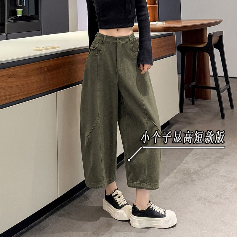 韩版小个子八分水洗阔腿工装裤女秋季新款高腰宽松显瘦萝卜弯刀裤