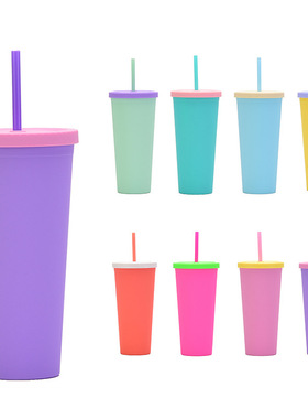 2025跨境新款双层塑料吸管杯24oz创意混搭磨砂水杯大容量塑料杯