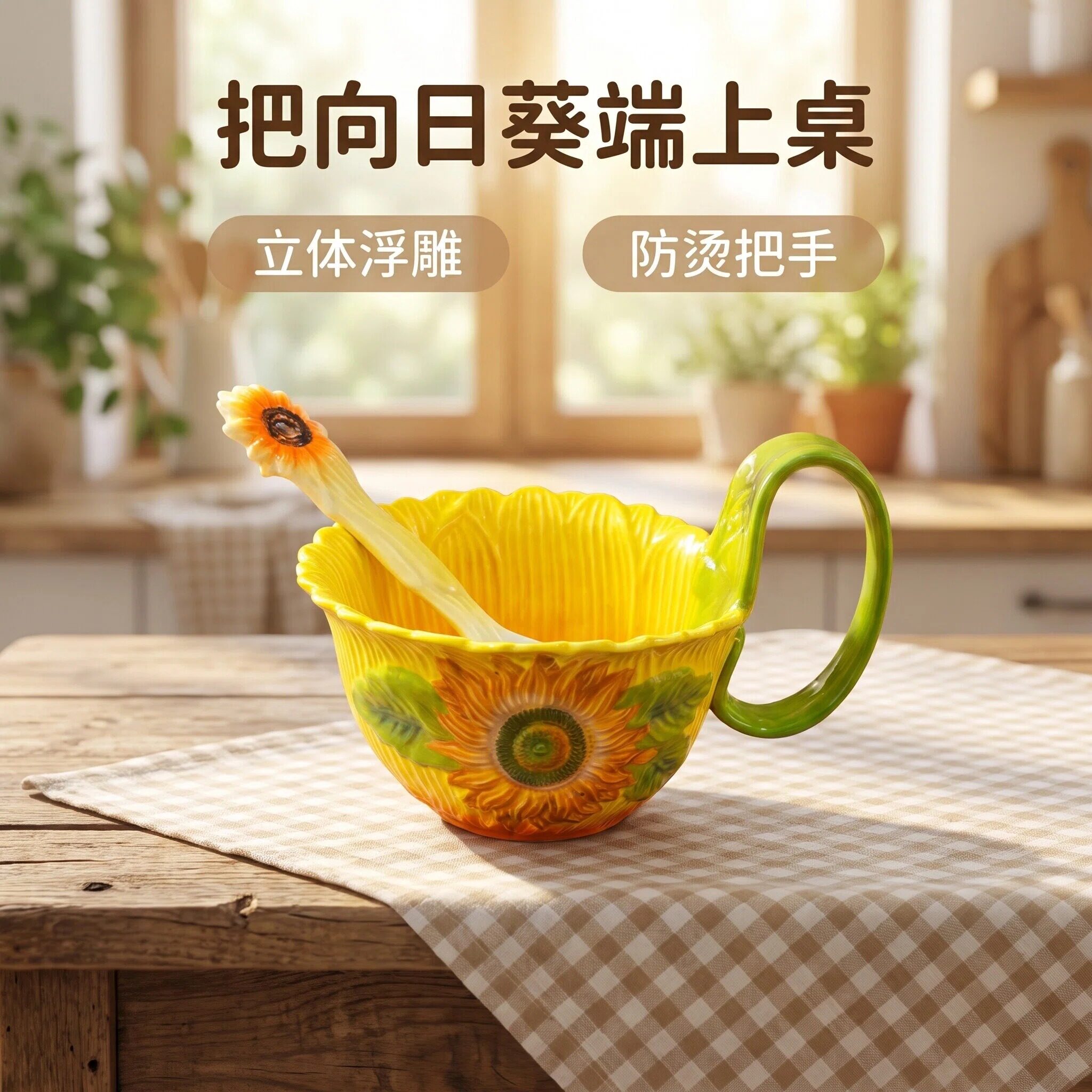 向日葵陶瓷手绘釉下彩沙拉碗