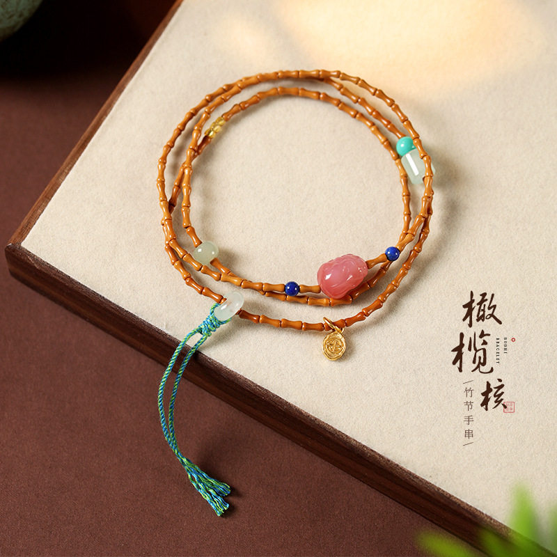 新中式橄榄核竹节手串盐源玛瑙貔貅文玩多圈盘玩手链国风长款项链
