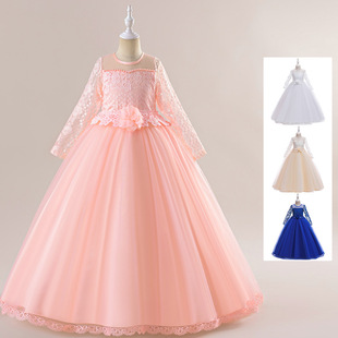 ins礼服网纱长袖长款连衣裙蕾丝婚纱抹胸公主裙公主风欧美风裙摆