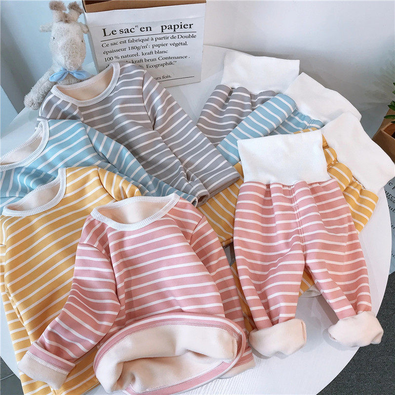 包邮特价儿童加绒保暖内衣套装宝宝秋冬款条纹家居服小孩秋衣秋裤