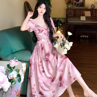 大码 甜美风减龄粉色碎花连衣裙女 胖mm夏季 气质显瘦高级感茶歇法式