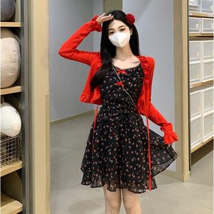 大码 胖m夏季 黑色碎花雪纺连衣裙女甜美蝴蝶结收腰裙子搭开衫